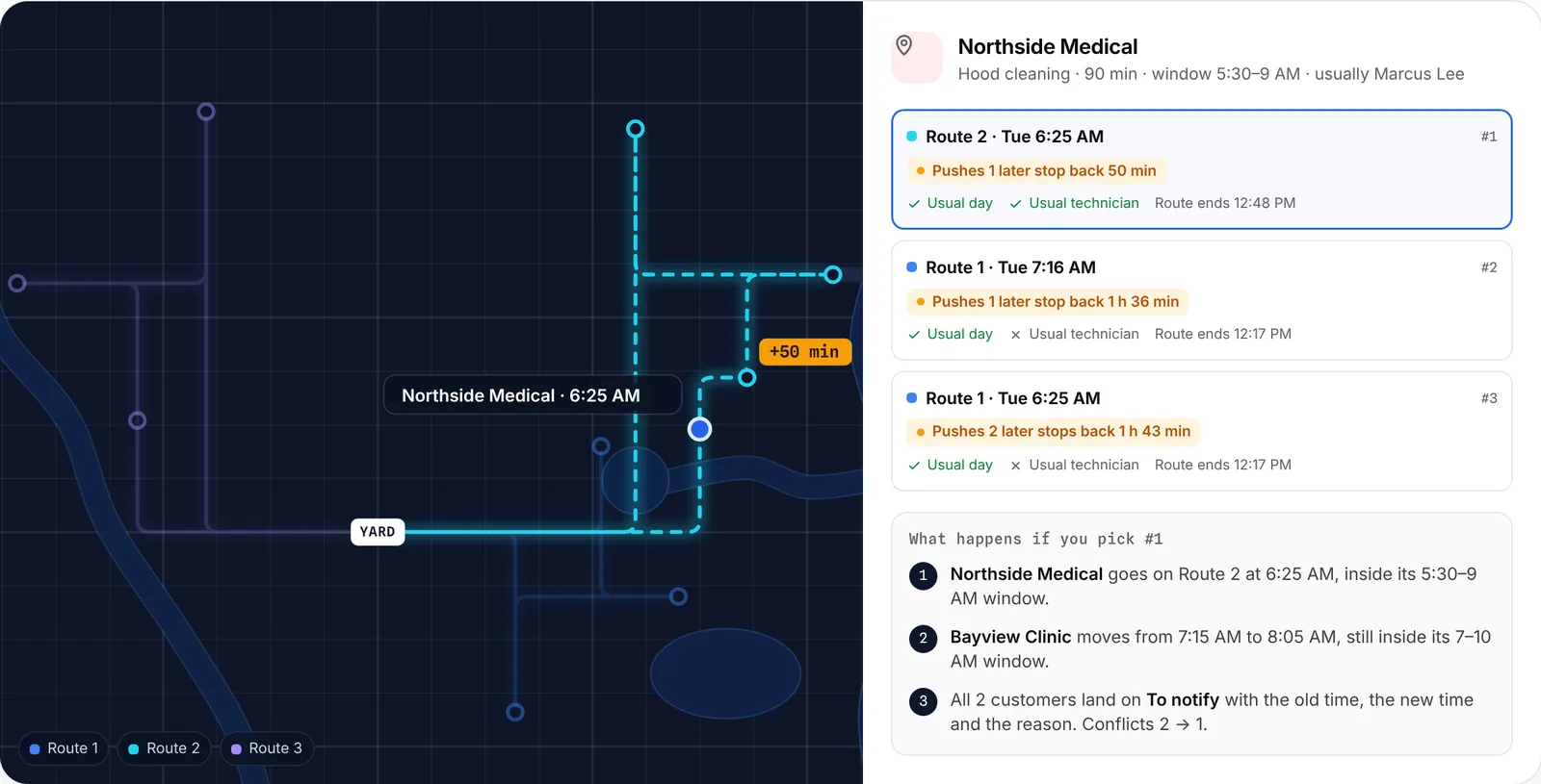 Ranked options for placing a customer, each labelled with its effect on the route