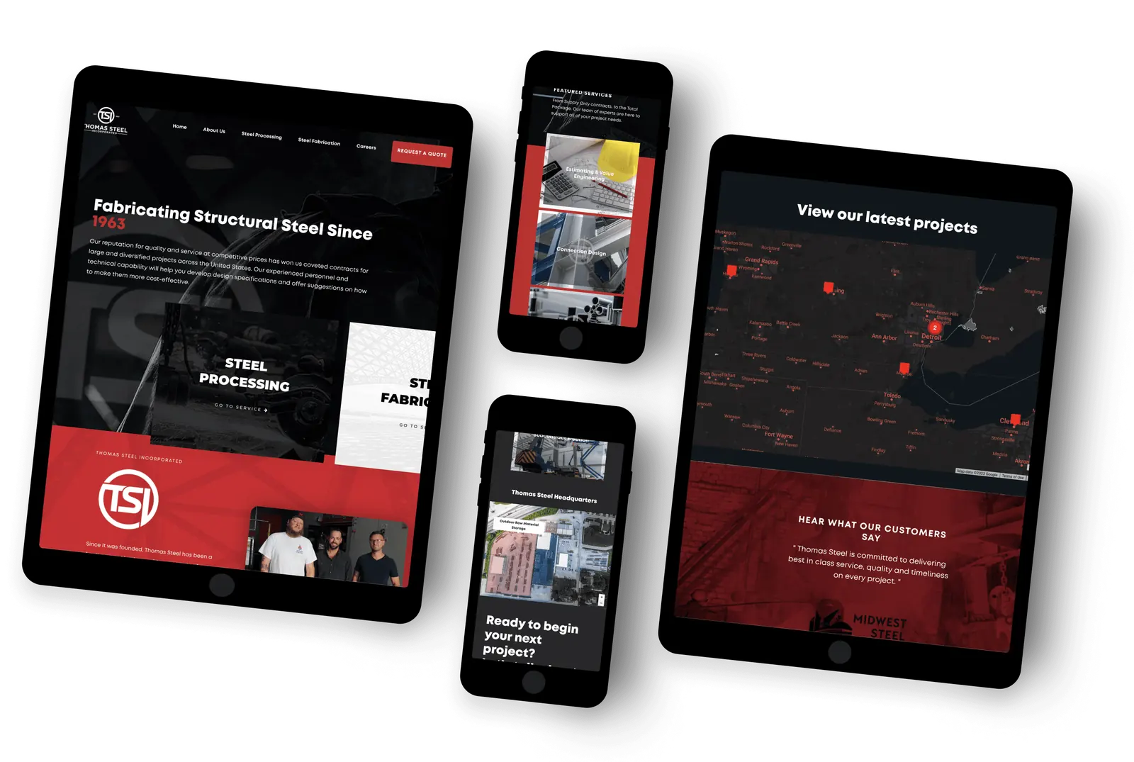 Thomas Steel website on tablet and phone, including the live project map